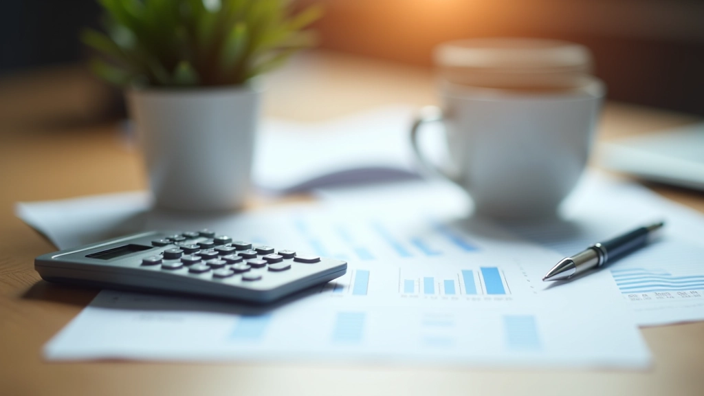 Calculatrice et documents financiers sur un bureau avec tasse de café, stylo, papiers budgétaires