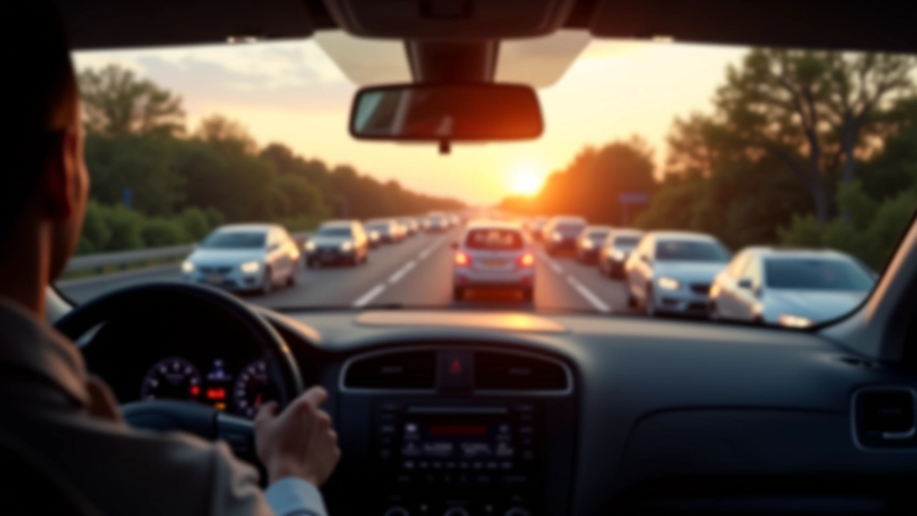 Tableau de bord d'une voiture dans un embouteillage dense, file de voitures, soleil déclinant