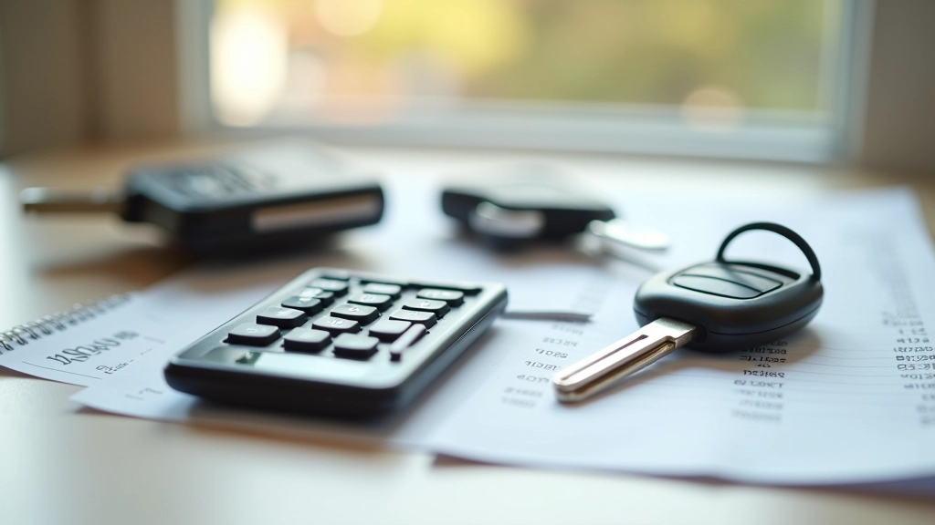 Clés de voiture sur un bureau avec un calculatrice et des reçus, lumière naturelle du matin