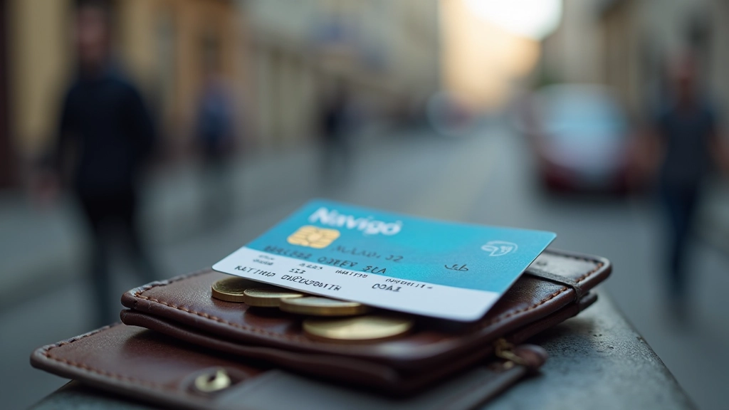 Gros plan d'une carte Navigo posée sur un portefeuille avec monnaie, fond urbain flou