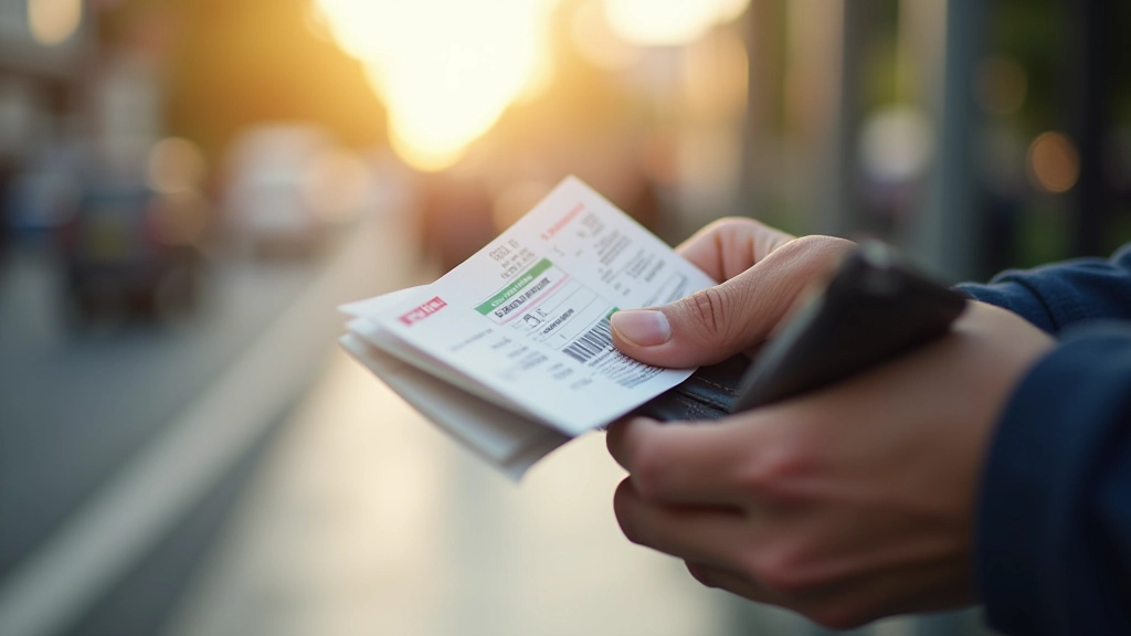 Gros plan d'une main tenant un ticket de transport, avec un porte-monnaie en arrière-plan