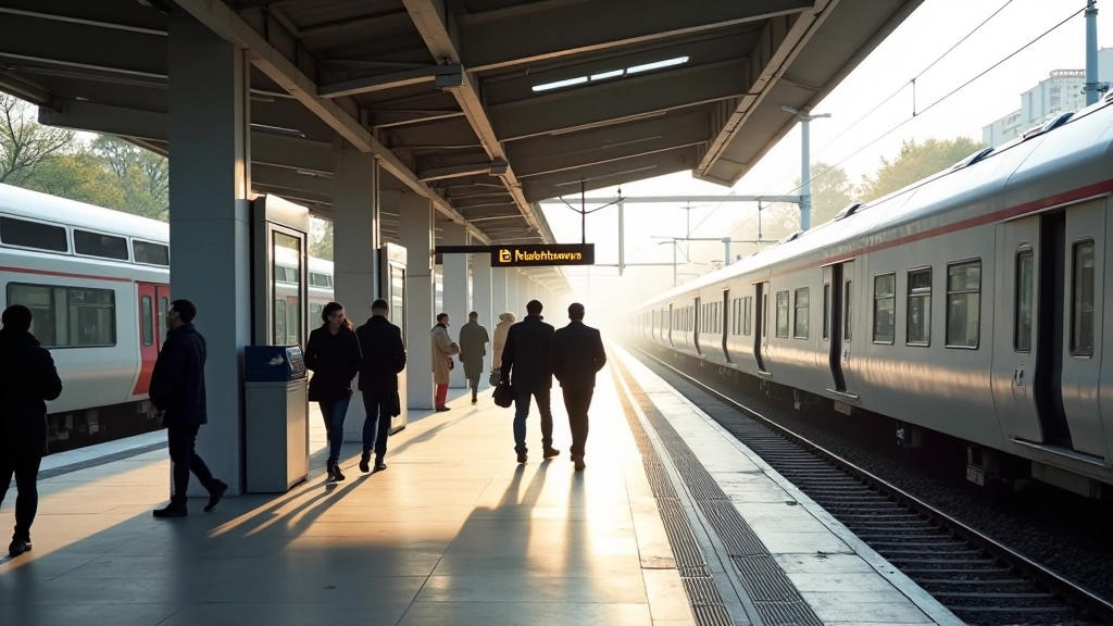 Gare moderne avec navetteurs en attente de train