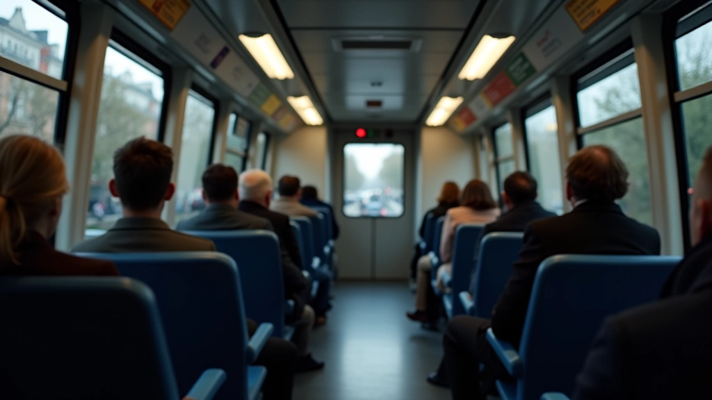 Intérieur d'un RER moderne avec passagers assis, fenêtres montrant le paysage urbain