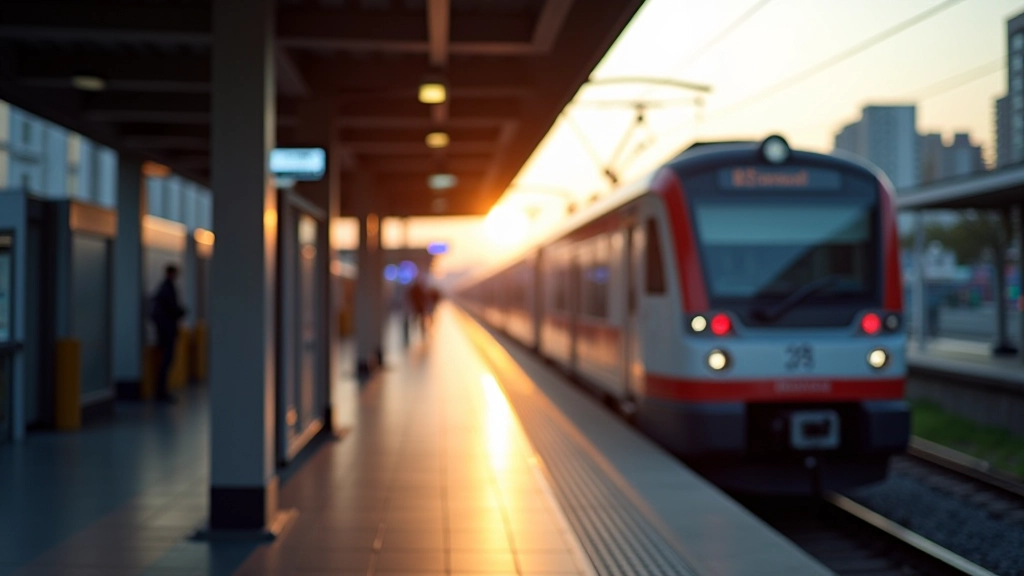 Gare de train moderne avec train de banlieue et quais déserts en fin d'après-midi