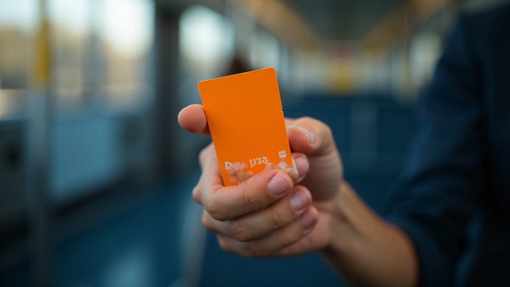 Carte de transport Navigo orange sur un siège de train moderne, vue de près