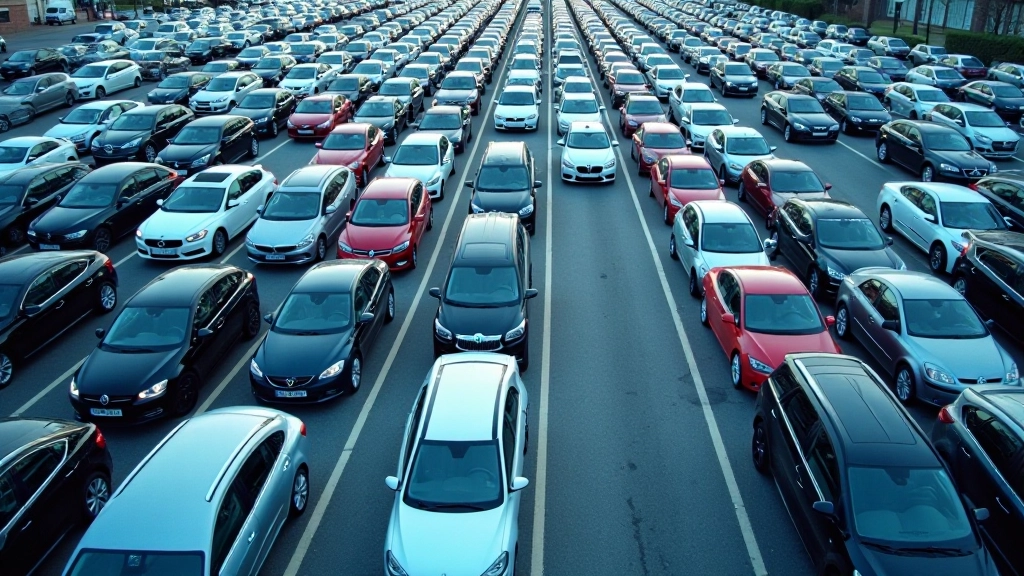Vue aérienne d'une voiture garée dans un parking urbain avec d'autres véhicules