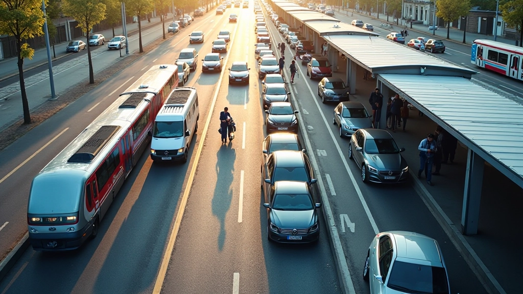 Gare routière vue de haut avec voitures garées et accès aux transports en commun