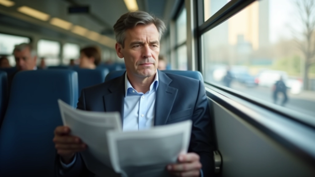 Passager lisant un journal dans un train moderne, ambiance calme et lumineuse