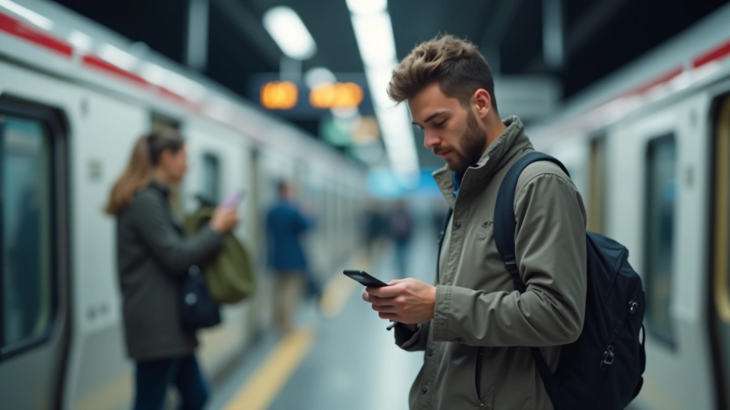 Personne consultant son téléphone dans le métro parisien, affichage de l'application de transport