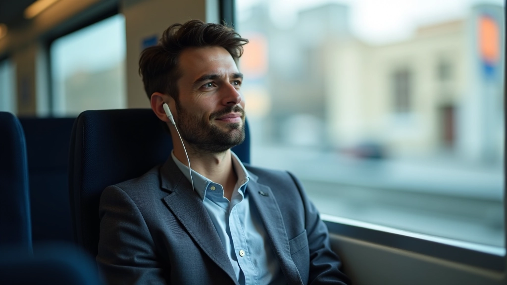 Personne assise dans un train avec vue sur la ville, écouteurs, moment de détente durant le trajet
