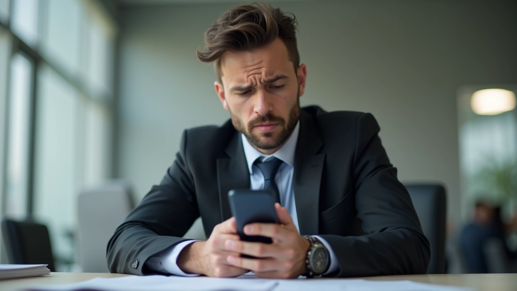 Personne fronçant les sourcils en regardant son téléphone, documents de transport sur la table