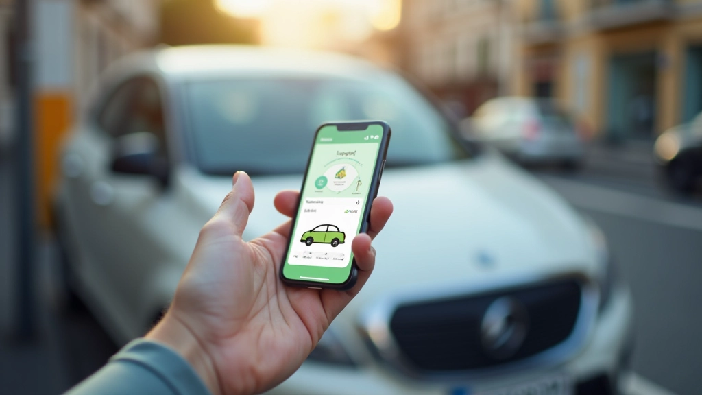 Application d'autopartage affichée sur écran de smartphone avec voiture de ville en arrière-plan flou