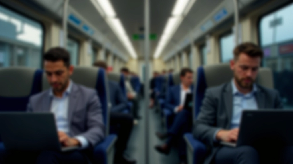 Intérieur de train avec passagers travaillant sur laptops et lisant dans une atmosphère calme