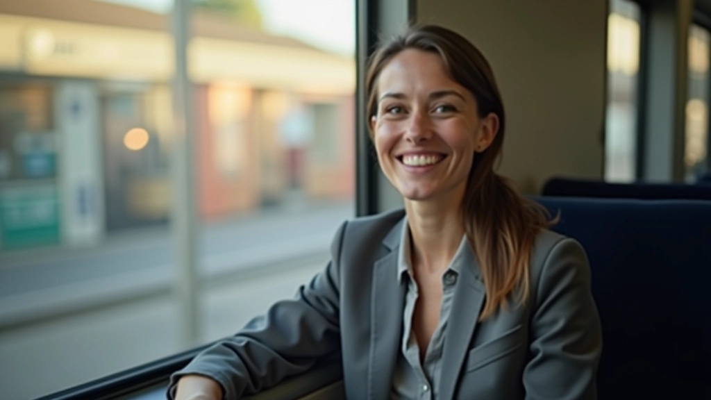 Femme assise dans le train, regardant par la fenêtre avec un sourire, carnet ouvert sur ses genoux